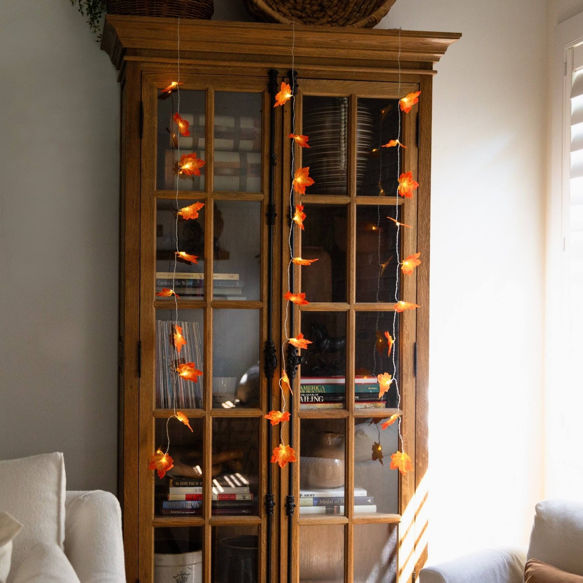 5ft. Pre-Lit Autumn Maple Leaf Artificial Fall Garland with 10 Warm White LED String Lights - Set of 3